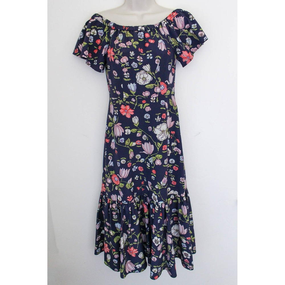 Rebecca Taylor Dress Size 0 Blue Floral Silk Midi Off Shoulder Ruffles Size Zip